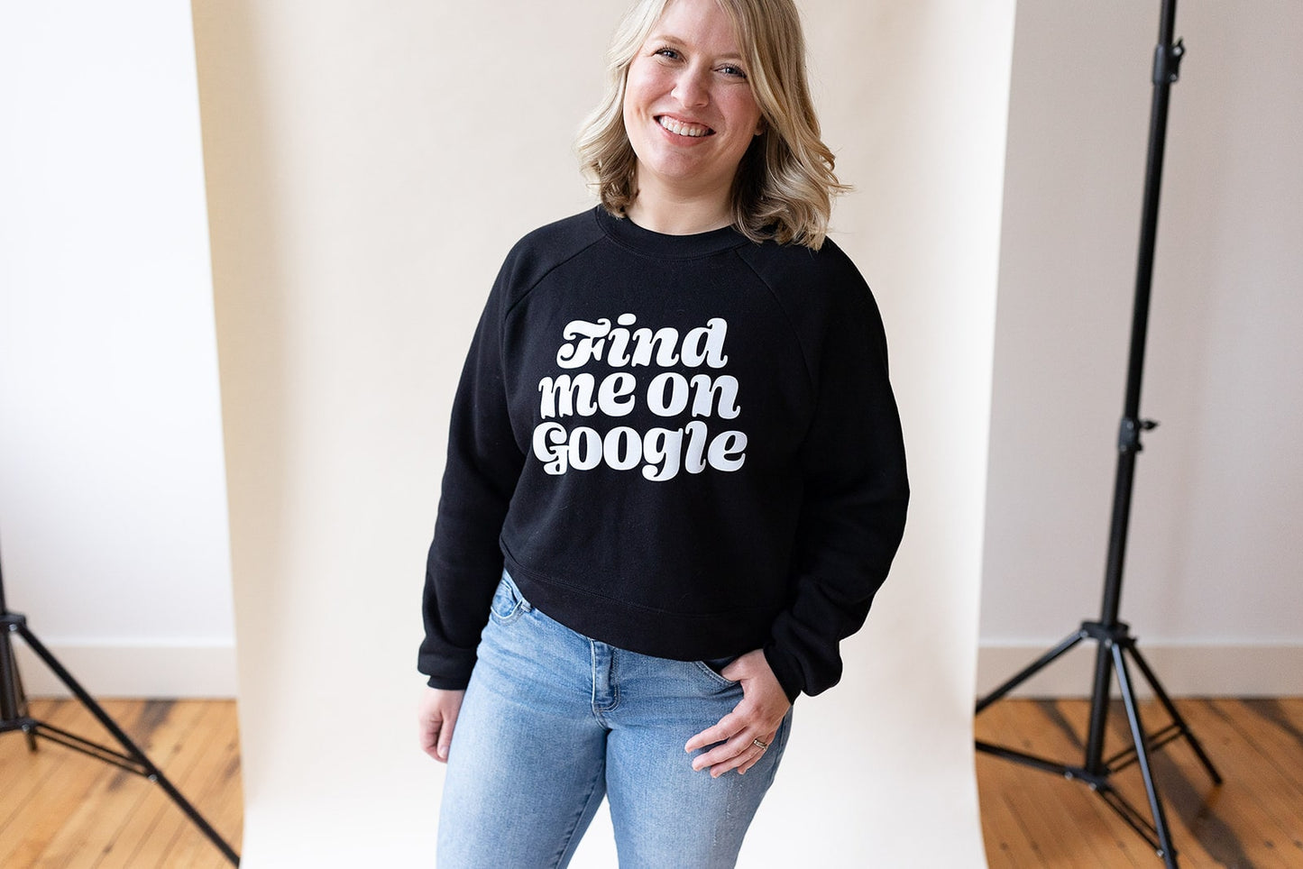 find me on google black cropped sweatshirt apparel for entrepreneurs